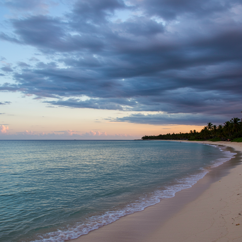 Serene tropical beach at dawn with clear ocean waves and distant palm trees, under a sky subtly transitioning from calm blue to atmospheric gray-blue clouds, hinting at the 2025 Atlantic hurricane season outlook and potential weather changes.